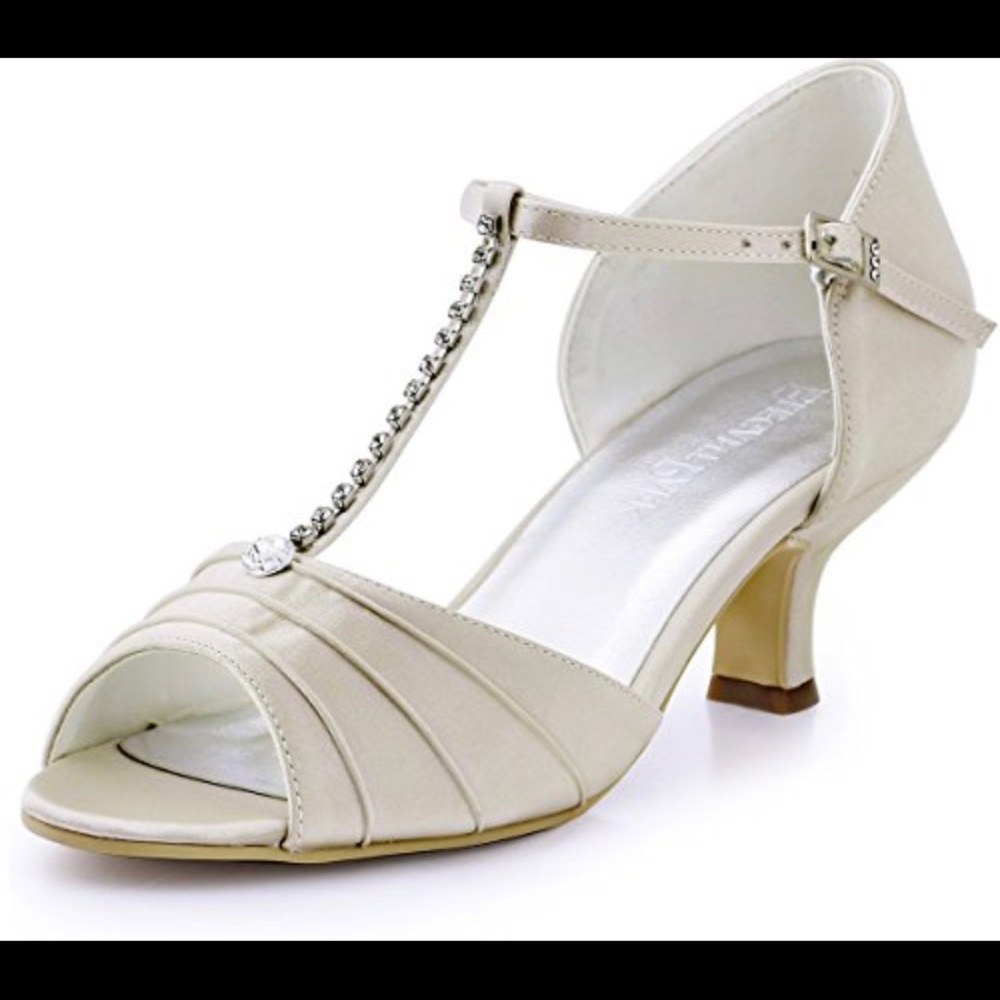 ElegantPark Satin Peep Toe T-Strap Mid Heel with Rhinestones size 10